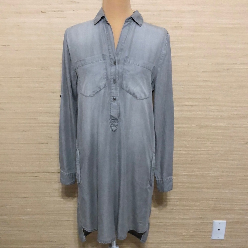 Beach lunch lounge Gray Long Sleeve Lyocell Tunic Long Sleeve Shirt Dress XS